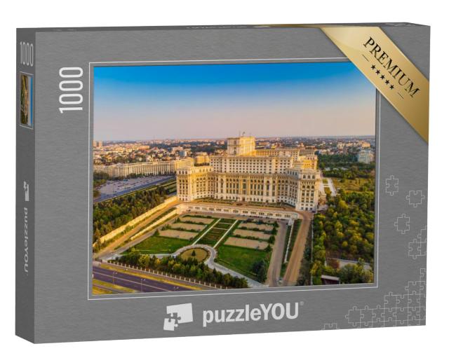 Puzzel 1000 stukjes „Parlementsgebouw in Boekarest bij zonsondergang“