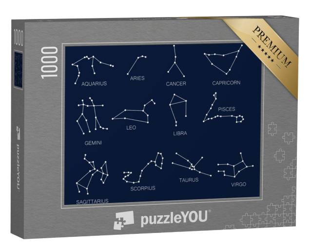 Puzzel 1000 stukjes „Sterrenbeelden, twaalf tekens van de dierenriem, blauwe achtergrond“