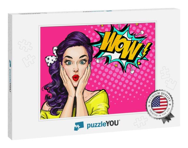 Pop Art Woman with Wow Face Holding Hands Near Her Cheeks... Jigsaw Puzzle