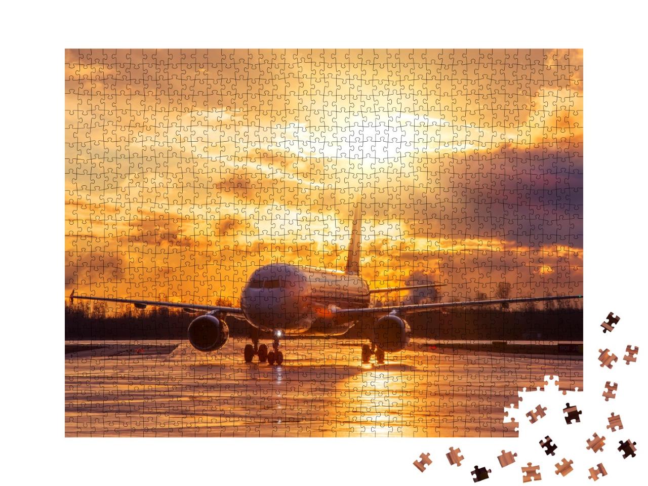 Puzzle 1000 Teile „Flugzeug auf der Landebahn im glühenden Sonnenuntergang“