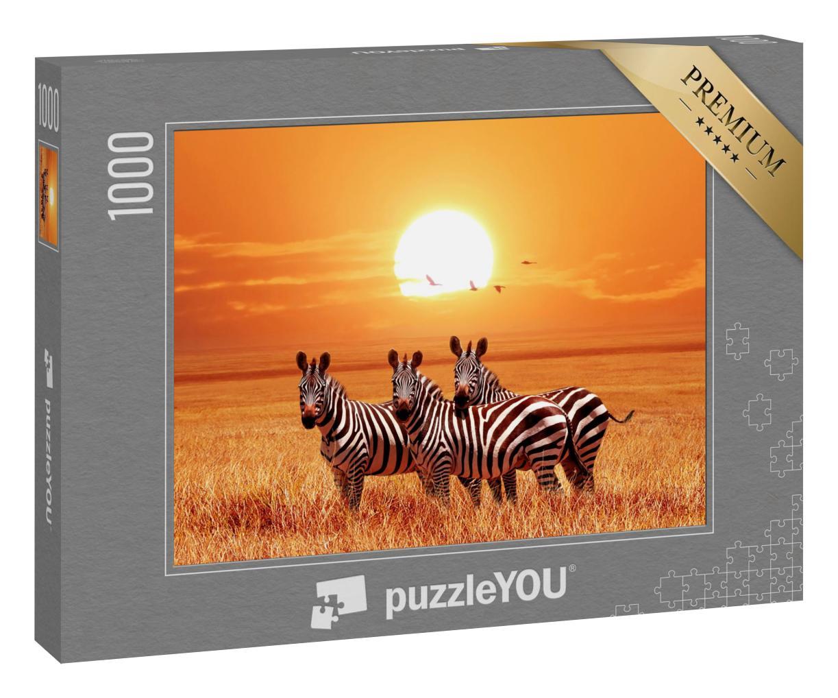 Puzzle 1000 Teile „Zebras im goldenen Sonnenuntergang, Serengeti-Nationalpark, Tansania“