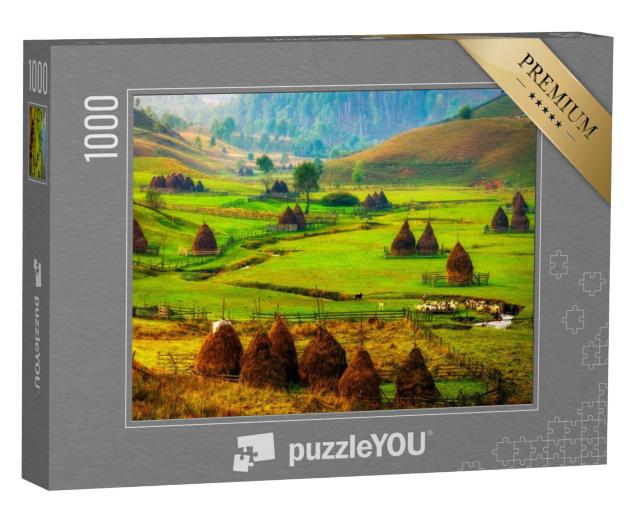 Puzzel 1000 stukjes „Mist op een ochtend in de herfst: berglandschap Fundatura Ponorului, Roemenië“