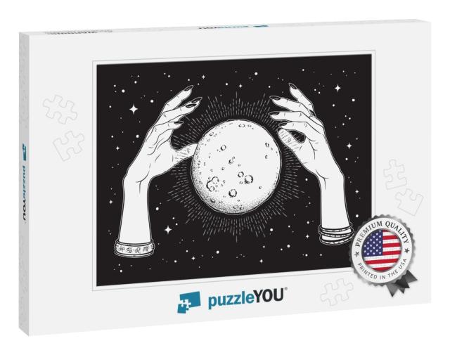 Hand Drawn Full Moon with Rays of Light in Hands O... Jigsaw Puzzle