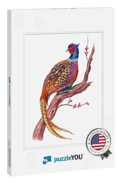 Pheasant on an Old Flowering Tree, Watercolor Illustratio... Jigsaw Puzzle