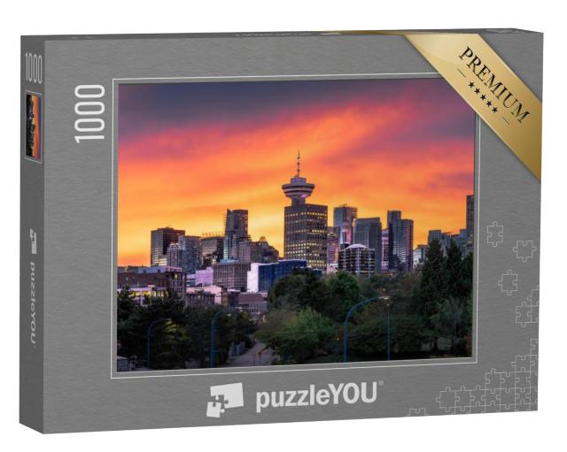 Puzzel 1000 stukjes „Kleurrijke zonsondergang achter de skyline van Vancouver“