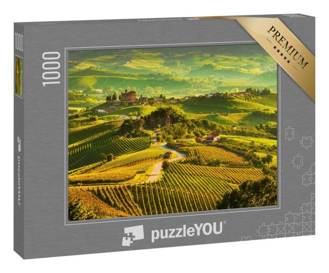 Puzzle 1000 Teile „Langhe Weinberge, Sonnenuntergangspanorama, Grinzane Cavour, Unesco-Stätte, Piemont“