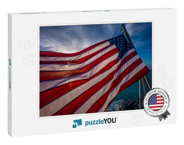 American Flag Backlit with Early Morning Sun on Boat in F... Jigsaw Puzzle