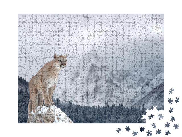 Puzzle 1000 Teile „Porträt eines Pumas in den winterlichen Bergen“