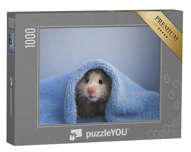 Puzzel 1000 stukjes „Een hamster in een knusse blauwe handdoek“