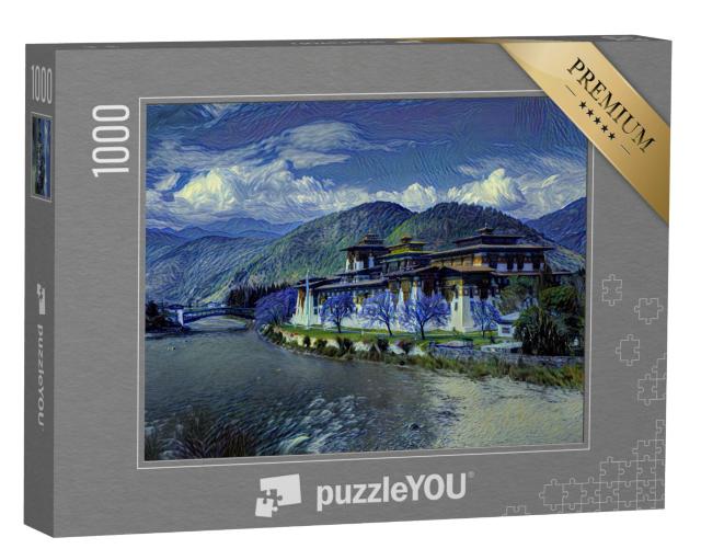 Puzzel 1000 stukjes „in de kunststijl van van Gogh, Sterrennacht - Punakha Dzong in Punakha, Bhutan“