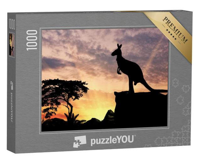 Puzzel 1000 stukjes „Silhouet van een kangoeroe op een heuvel bij zonsondergang“