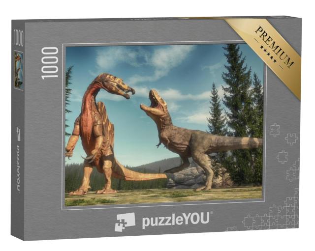 Puzzel 1000 stukjes „Strijd tussen Spinosaurus en T Rex in Jurassic Valley“