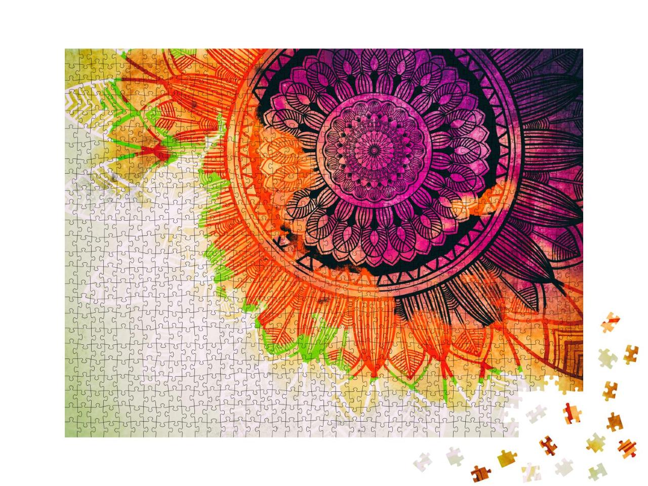 Puzzle 1000 Teile „Digitale Kunst: Altes geometrisches Mandala-Konzept in Aquarell-Optik“