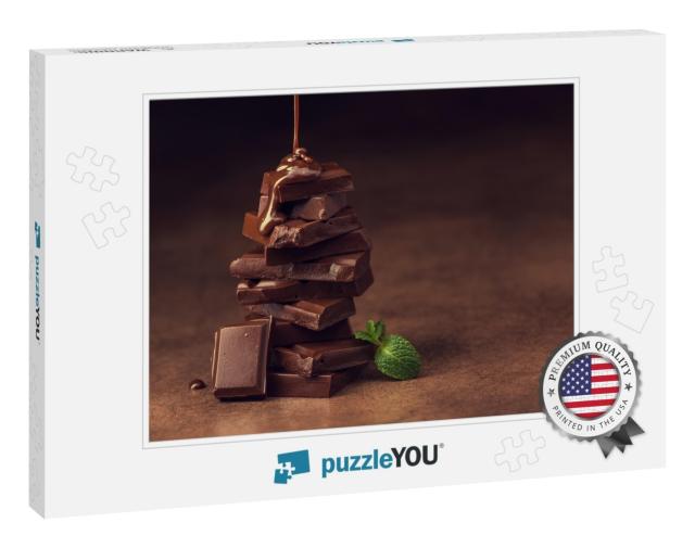 Melted Chocolate Pouring Into a Piece of Chocolate Bars w... Jigsaw Puzzle