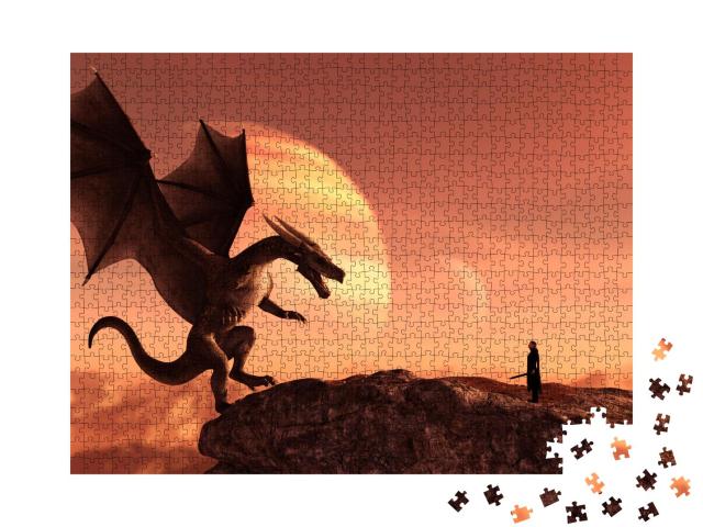 Puzzle 1000 Teile „Ritter und der Drache in magischer Landschaft, 3D-Kunst-Illustration“