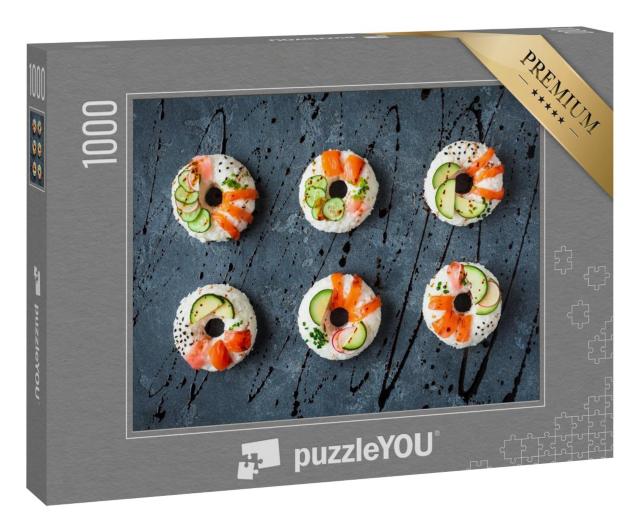 Puzzle 1000 Teile „Sushi-Donuts auf schwarzem Untergrund, Sushi-Trend, kreatives Essen“
