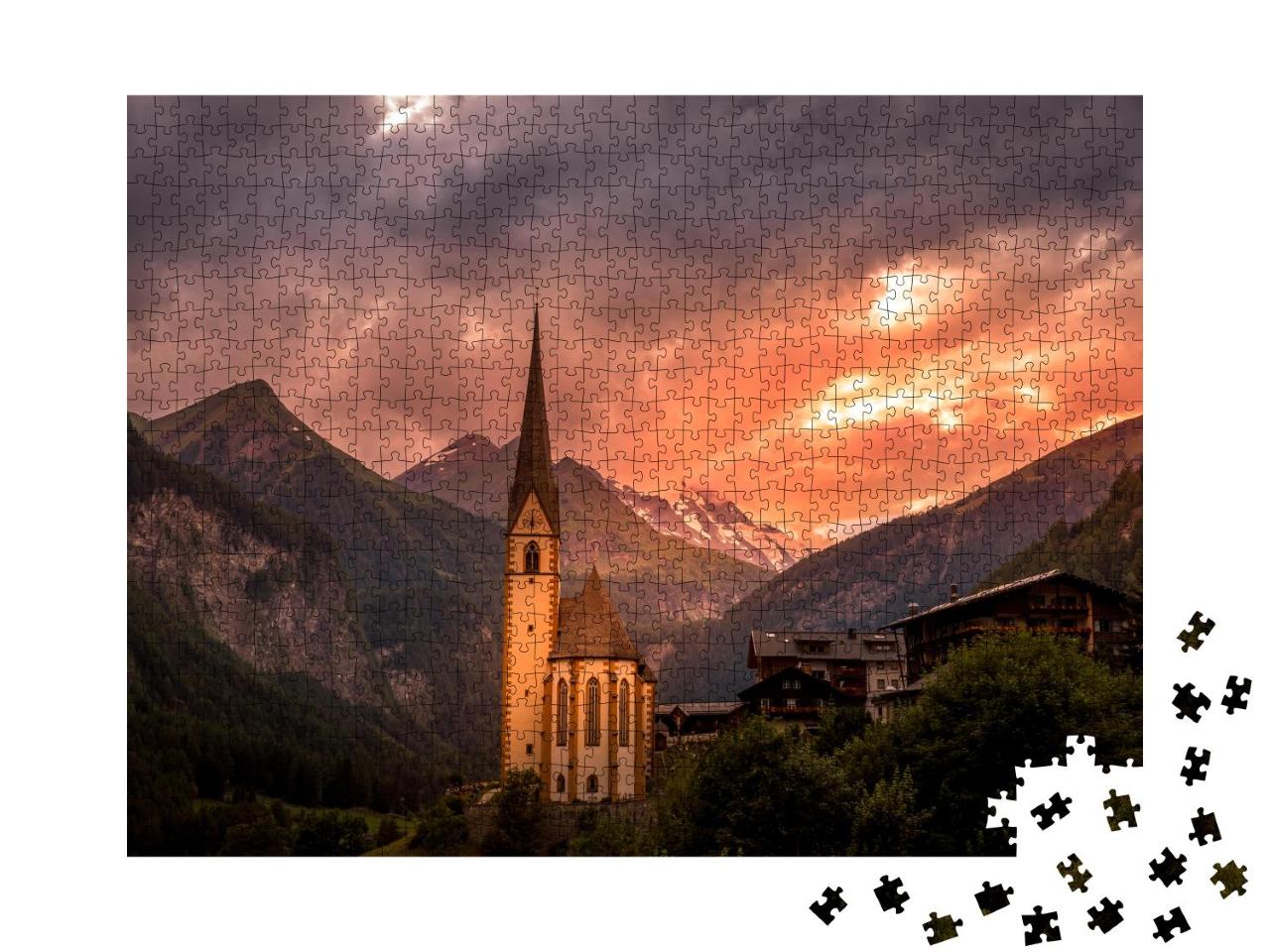 Puzzle 1000 Teile „Kirche in Heiligenblut, im Hintergrund die Großglockner-Gruppe“