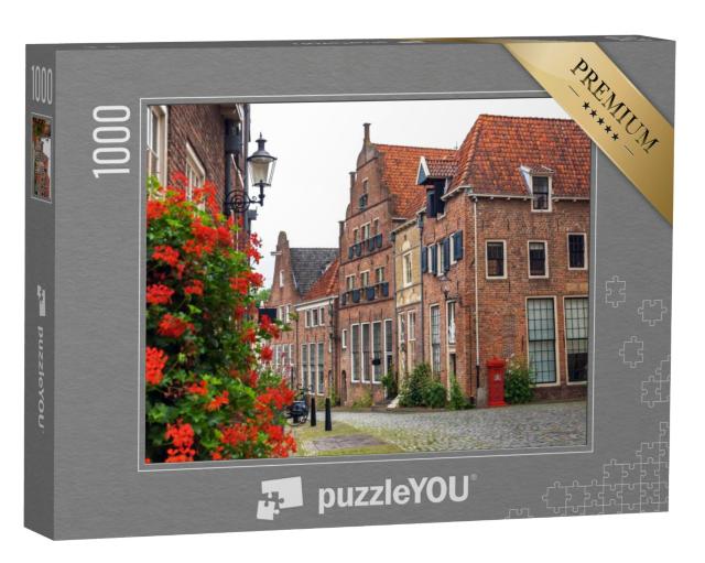 Puzzel 1000 stukjes „Rode geranium en brievenbus in een straat in Deventer, Nederland“