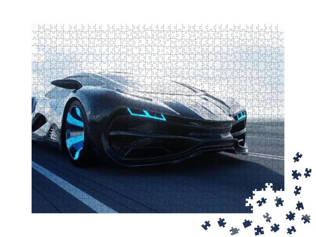 Puzzle 1000 Teile „Futuristisches Elektroauto rast durch die Wüste“