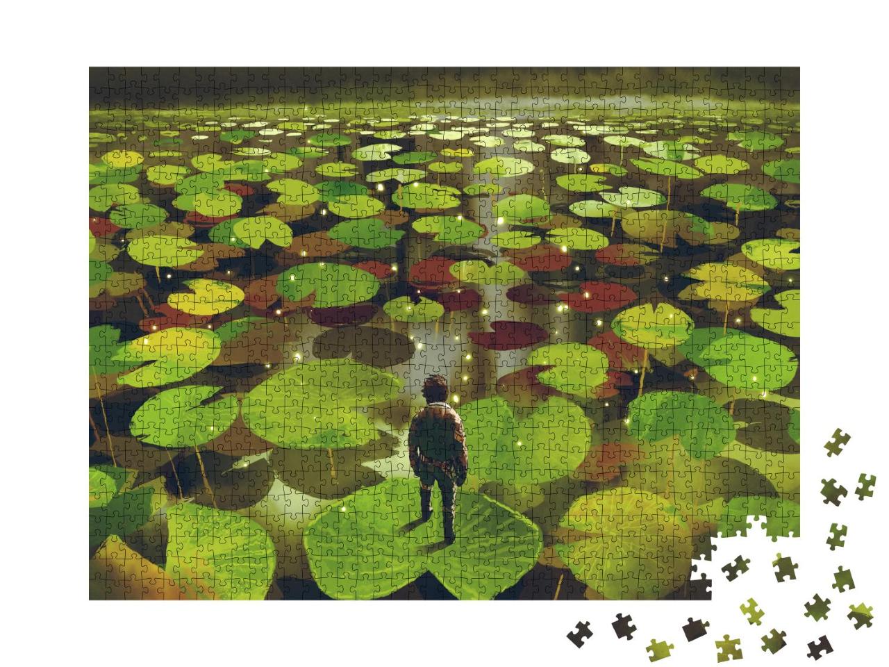 Puzzle 1000 Teile „Junger Mann auf riesigem Seerosenblatt im Fantasy-Sumpf, digitaler Kunststil“