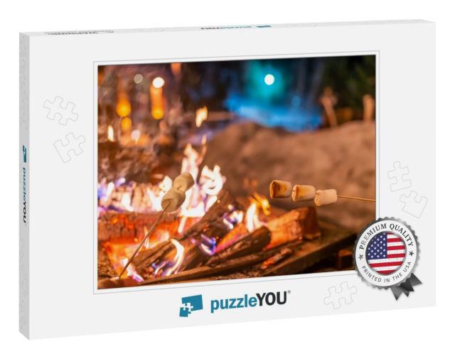 Winter Fire Pit Campfire People Roasting Marshmallows Ove... Jigsaw Puzzle
