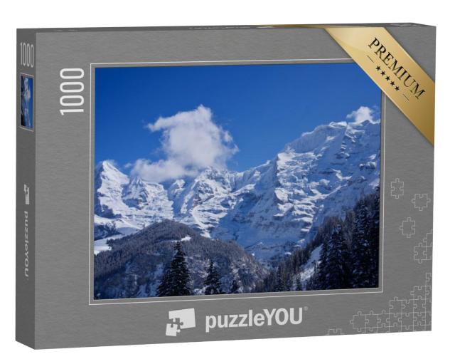 Puzzel 1000 stukjes „Panorama van de Berner Alpen met de bergtoppen Eiger, Mönch en Jungfrau, Zwitserland“