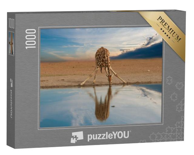 Puzzel 1000 stukjes „Giraffe drinkt bij een waterpoel, Etosha Pan, Namibië“