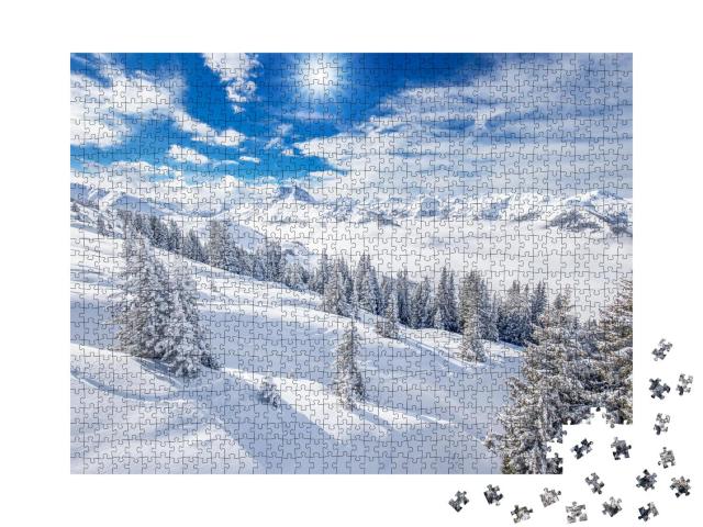 Puzzle 1000 Teile „Bäume bedeckt mit frischem Schnee in den Alpen, Winterzauber“