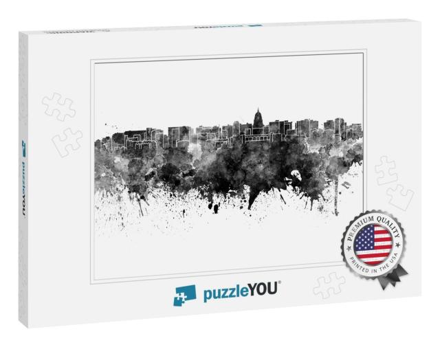 Madison Skyline in Black Watercolor on White Background... Jigsaw Puzzle