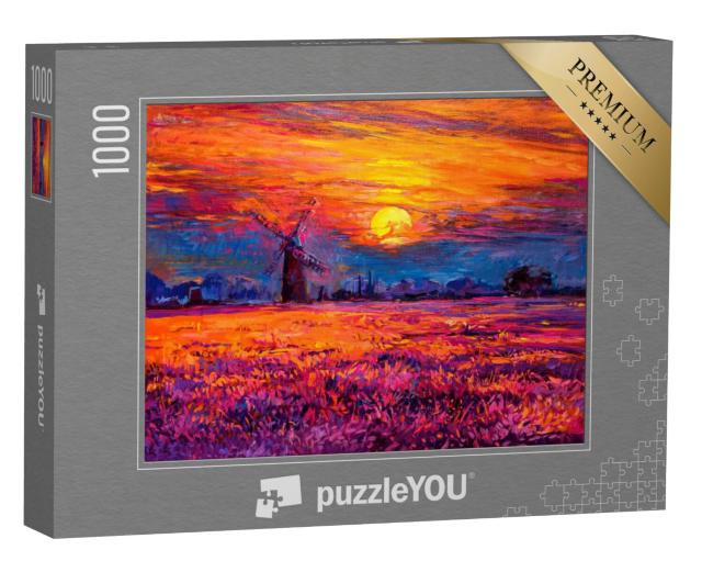 Puzzel 1000 stukjes „Olieverfschilderij van een molen bij zonsondergang“