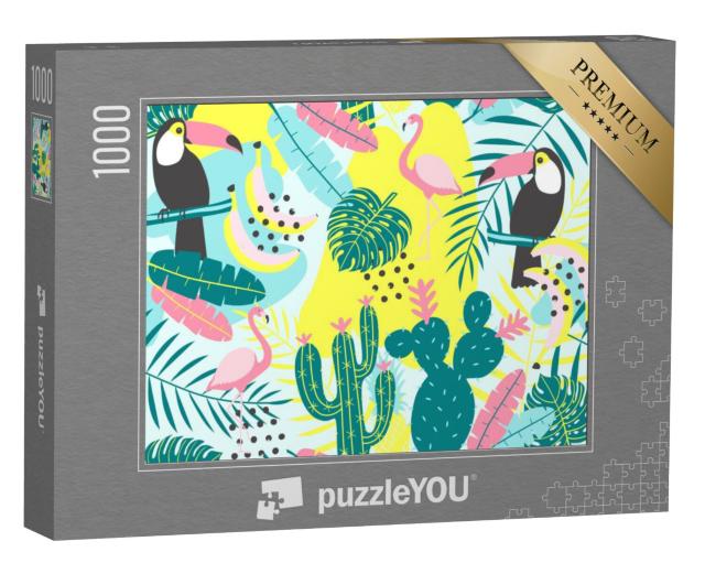 Puzzel 1000 stukjes „Afbeelding: Tropisch patroon met toekan, flamingo en cactus“