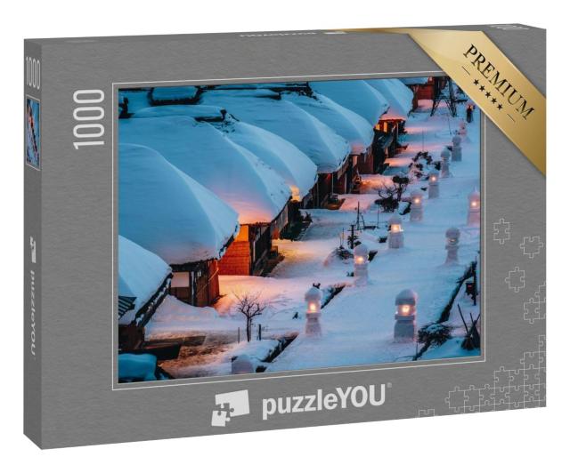 Puzzle 1000 Teile „Bezaubernde verschneite Strohdachhäuser im Dorf Ouchi Juku, Japan“