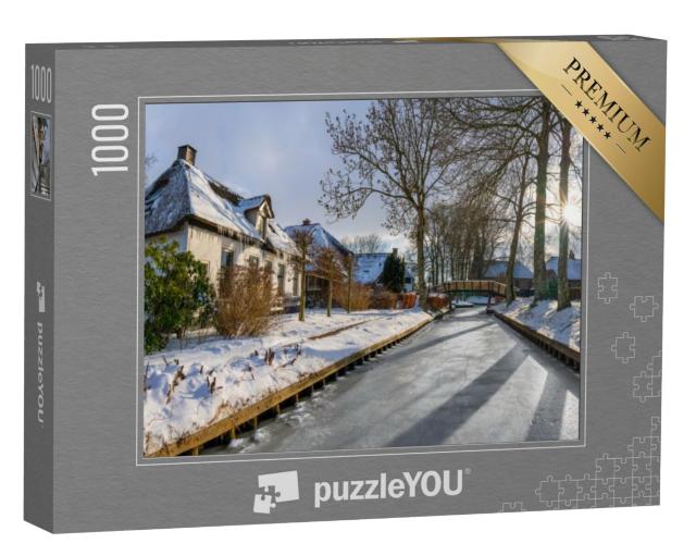 Puzzel 1000 stukjes „Giethoorn dorp in de winter, bevroren kanaal“