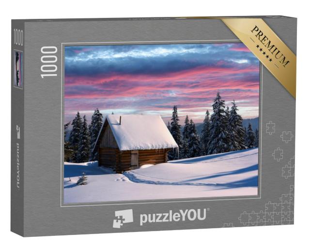 Puzzel 1000 stukjes „Winterlandschap met houten huis, Karpaten, Oekraïne“