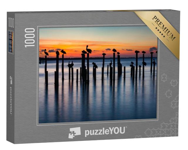 Puzzel 1000 stukjes „Pelikanen bij zonsondergang op oude pilaren“