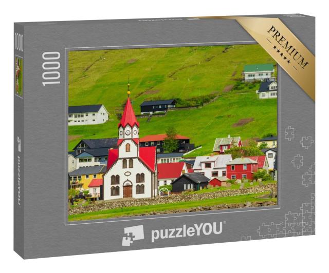 Puzzle 100 Teile „Kirche mit rotem Dach in Sandavagur, Färöer Inseln“