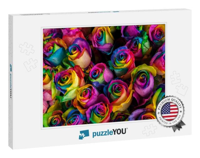 Colorful, Vibrant Rainbow Roses for Sale At an Outdoor Ma... Jigsaw Puzzle