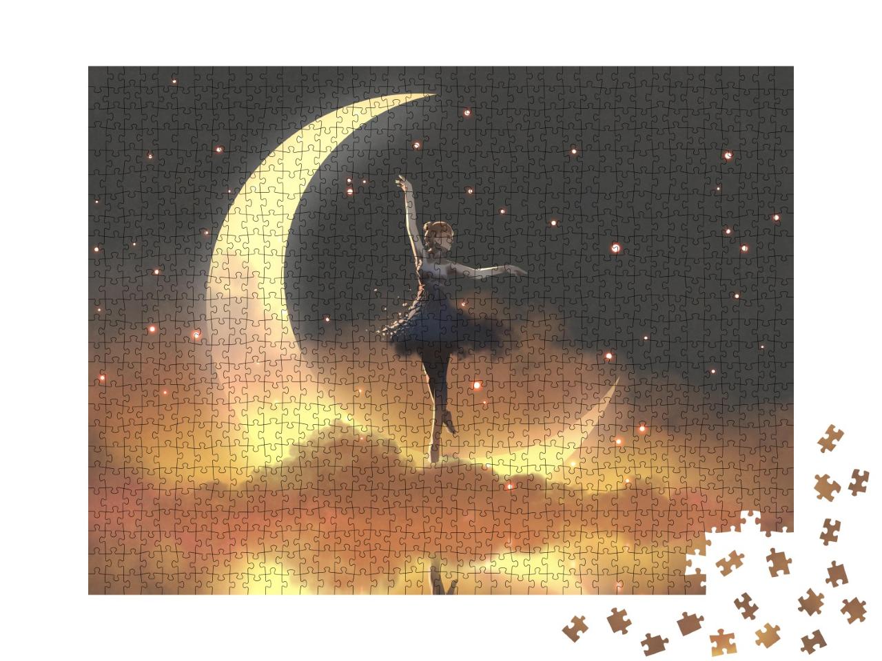 Puzzle 1000 Teile „Digitale Kunst: Glühwürmchen und Ballerina tanzen im Mondschein“