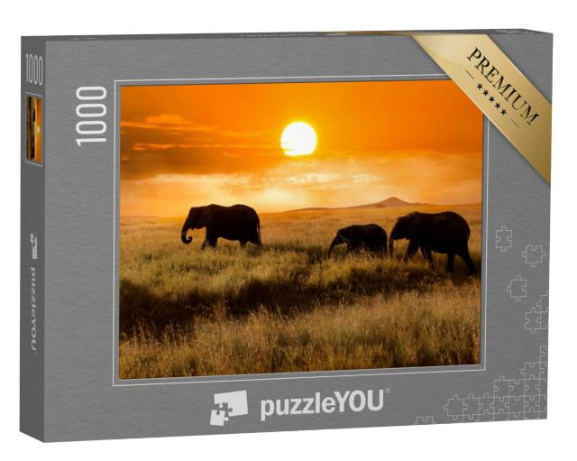 Puzzel 1000 stukjes „Olifantenfamilie bij zonsondergang in het Afrikaans Nationaal Park“