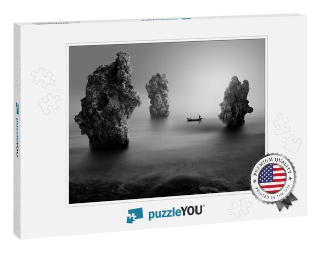 Lonely Fisherman on the Stone Beach, Black & White Photog... Jigsaw Puzzle