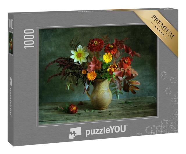 Puzzle 1000 Teile „Stillleben mit einem schönen Blumenstrauß auf einem Holztisch“