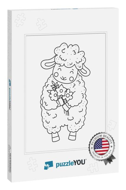 Cute Outline Doodle Sheep with Flowers. Vector Illustrati... Jigsaw Puzzle