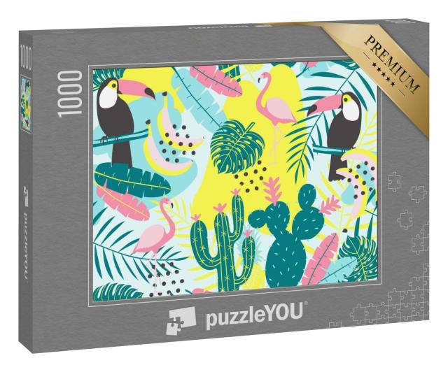 Puzzle 1000 Teile „Illustration: Tropisches Muster mit Tukan, Flamingo und Kaktus“