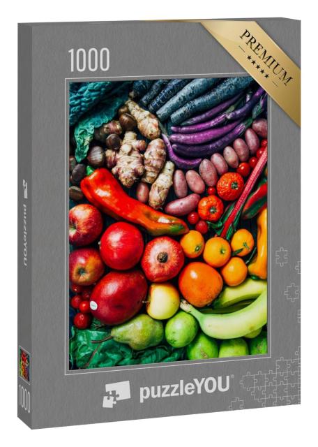 Puzzle 1000 Teile „Farblich sortierte Komposition von Früchten und Gemüse“