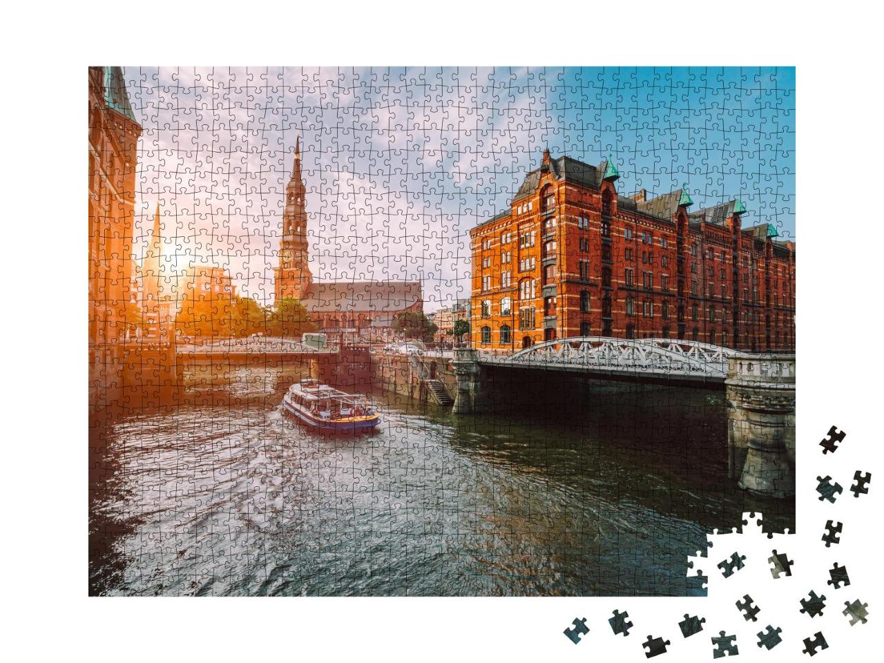 Puzzle 1000 Teile „Speicherstadt Hamburg im goldenen Sonnenuntergang“