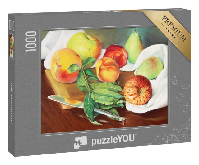 Puzzle 1000 Teile „Stillleben mit Pfirsichen, Birnen und Äpfeln, Brett und Messer, Ölgemälde“