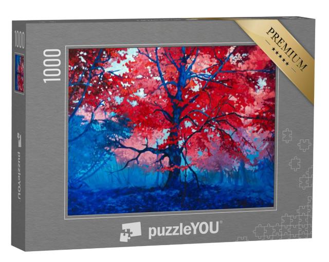 Puzzel 1000 stukjes „Olieverfschilderij: Vuurrode herfstboom in het bos“