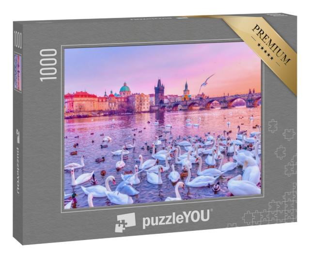Puzzle „Schwäne auf der Moldau, Sonnenuntergang in Prag“
