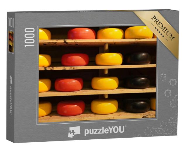 Puzzel 1000 stukjes „Kleurrijke kaas, assortiment kaaswielen in verschillende kleuren en smaken“