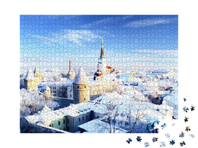 Puzzle 1000 Teile „Blick auf die verschneite Altstadt von Tallinn, Estland“